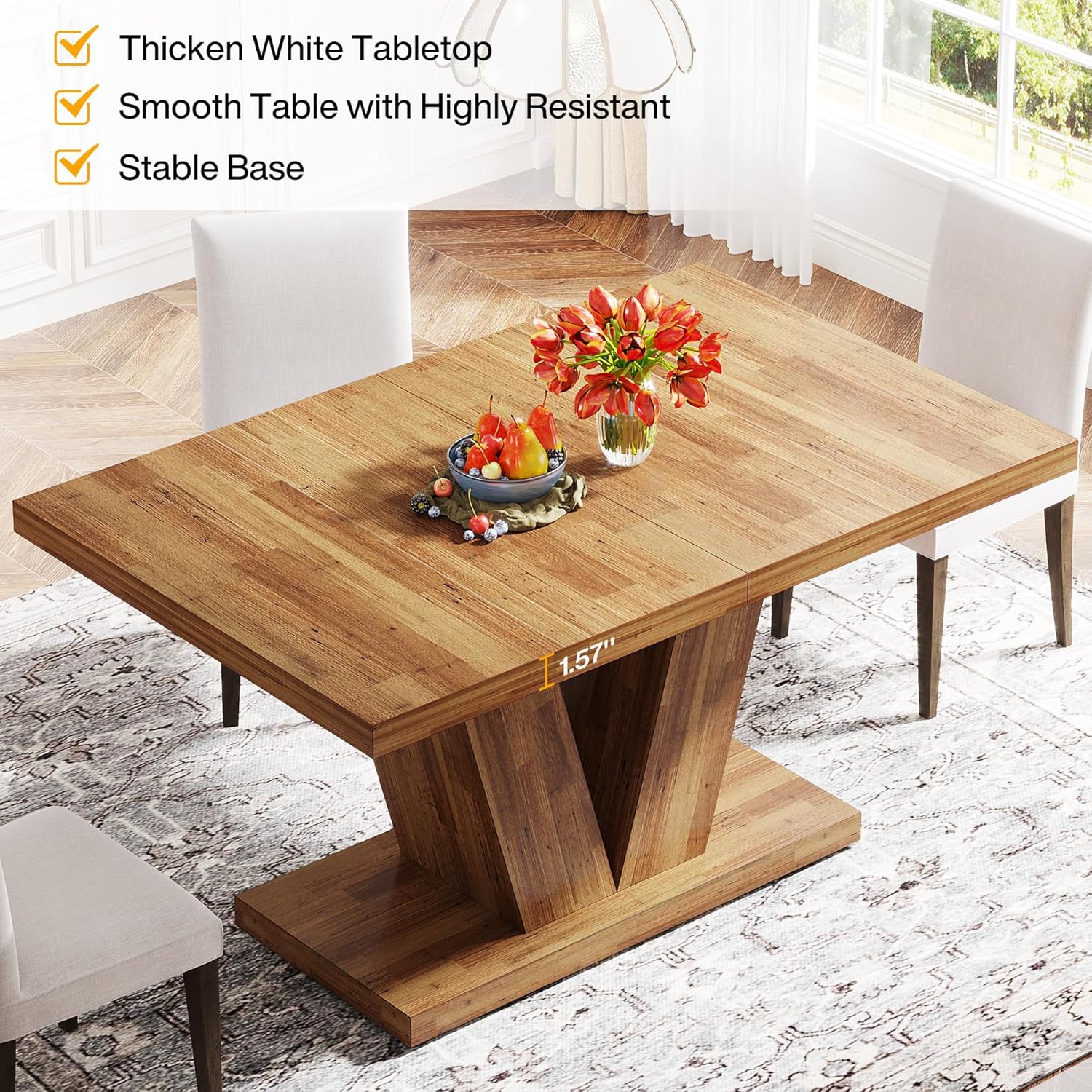 119cm Dining Table, Farmhouse Kitchen Dinner Table with Heavy Duty Pedestal for 4