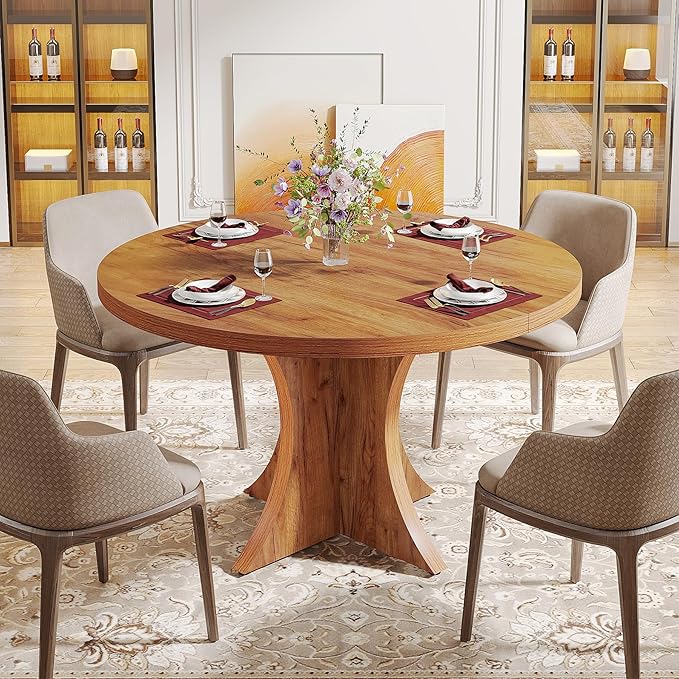 120cm Round Dining Table, Farmhouse Kitchen Table with Pedestal Base for 4-6