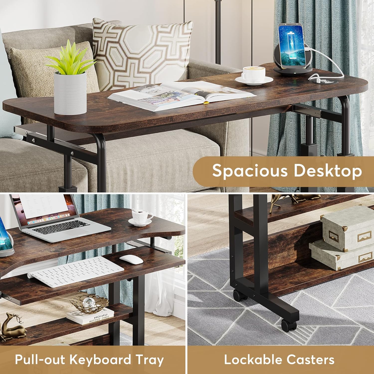 90 cm Portable Desk, Height Adjustable Side Table with Power Outlets
