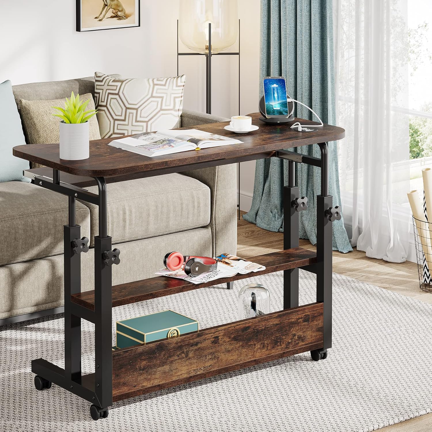90 cm Portable Desk, Height Adjustable Side Table with Power Outlets