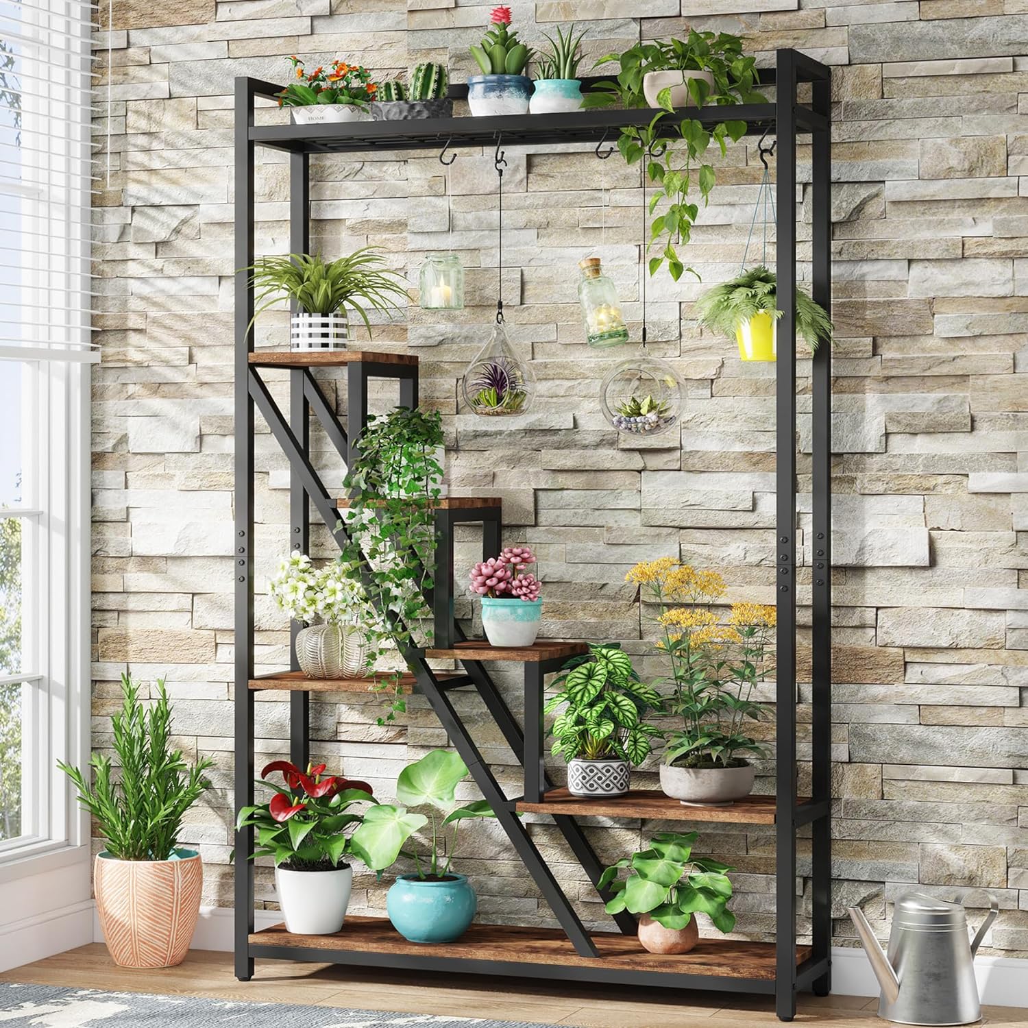 180cm Plant Stand, 7-Tier Display Rack Plant Shelf with 5 S-Hooks