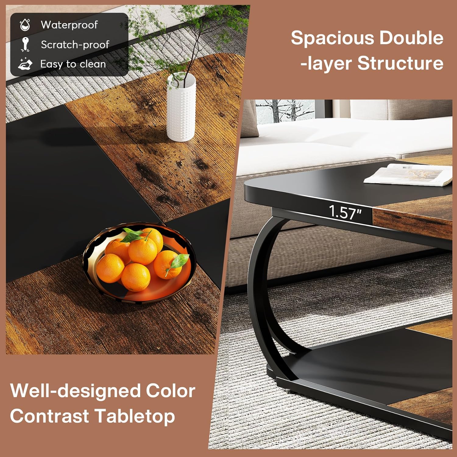 Tribesigns 100cm Coffee Table, 2-Tier Square Center Table with Storage Shelf