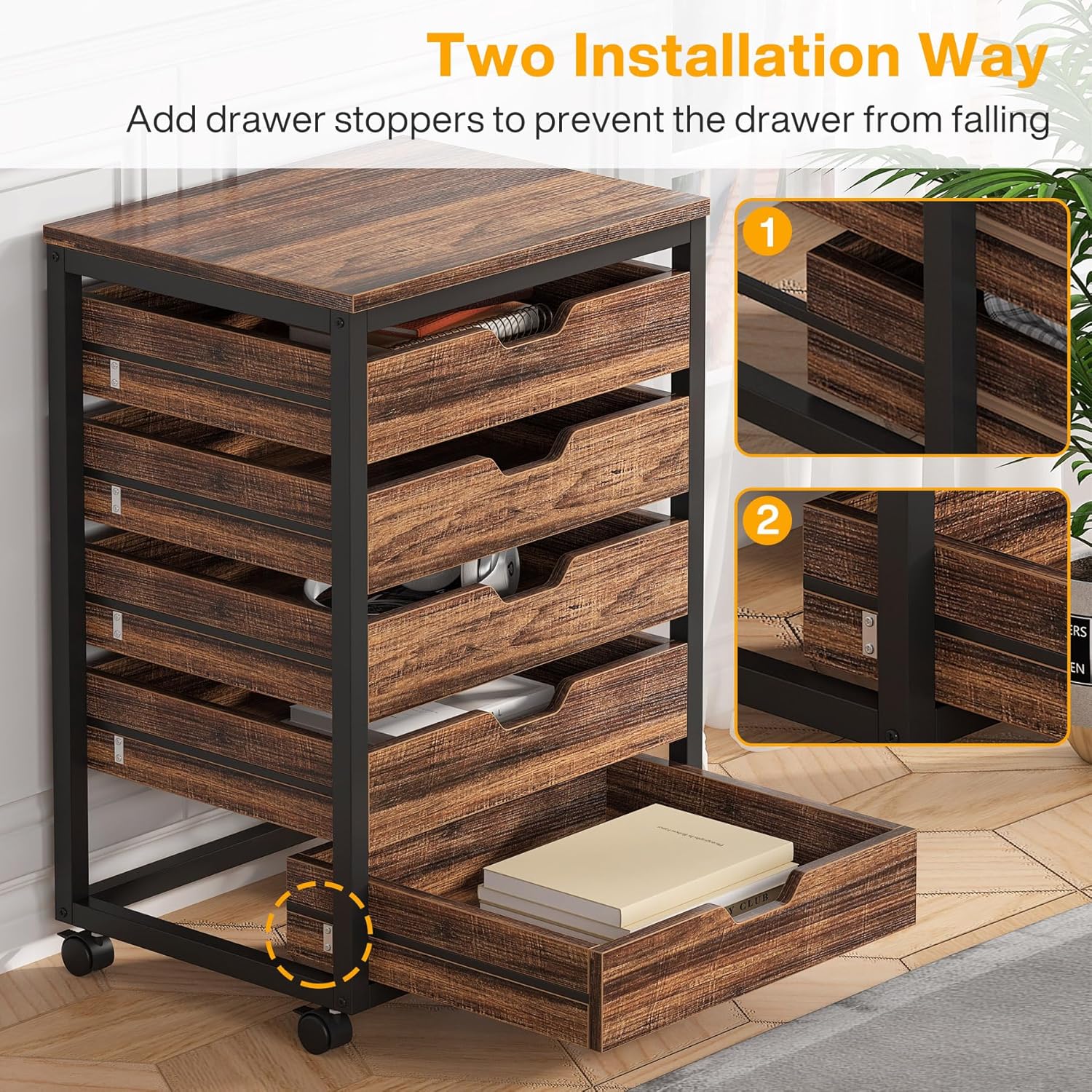 5-Drawer Chest, Industrial Storage Drawer Dresser Cabinet with Wheels