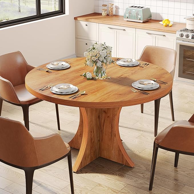 120cm Round Dining Table, Farmhouse Kitchen Table with Pedestal Base for 4-6