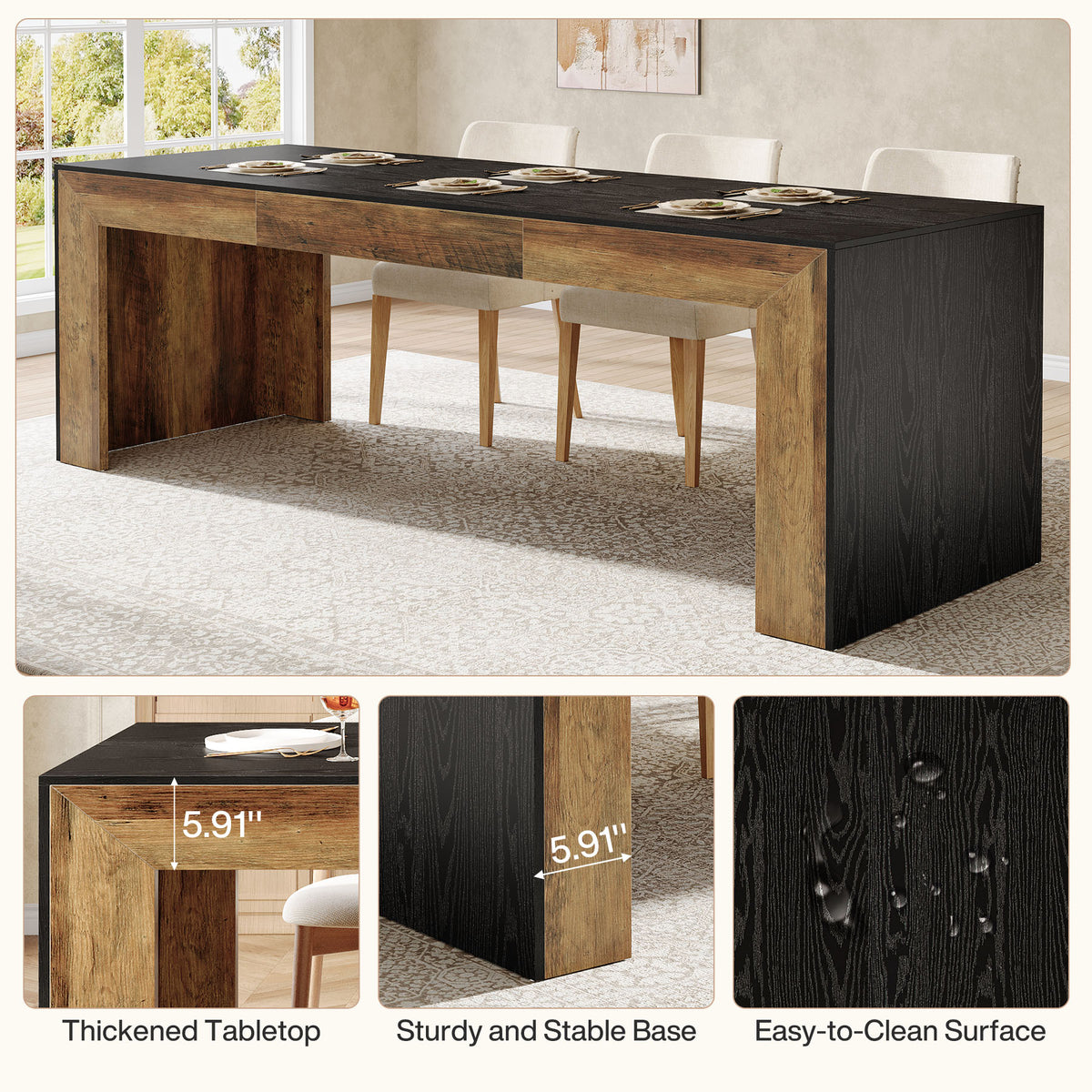 200 cm Dining Table, Rustic Brown and Black Rectangular Kitchen Table