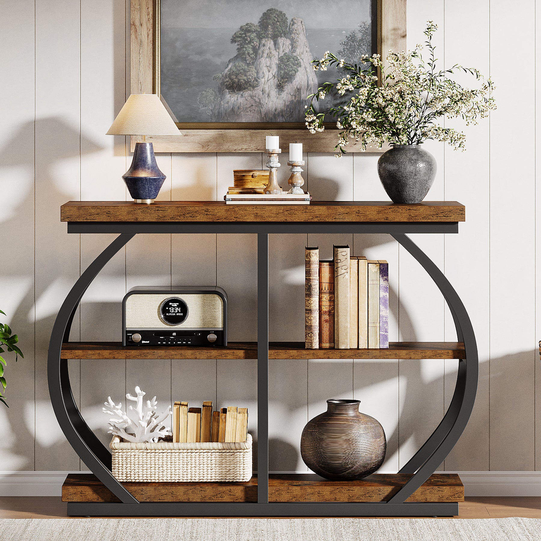 105 cm Industrial 3-Tier Console Table with Metal Frame, Entryway & Hallway Storage Table