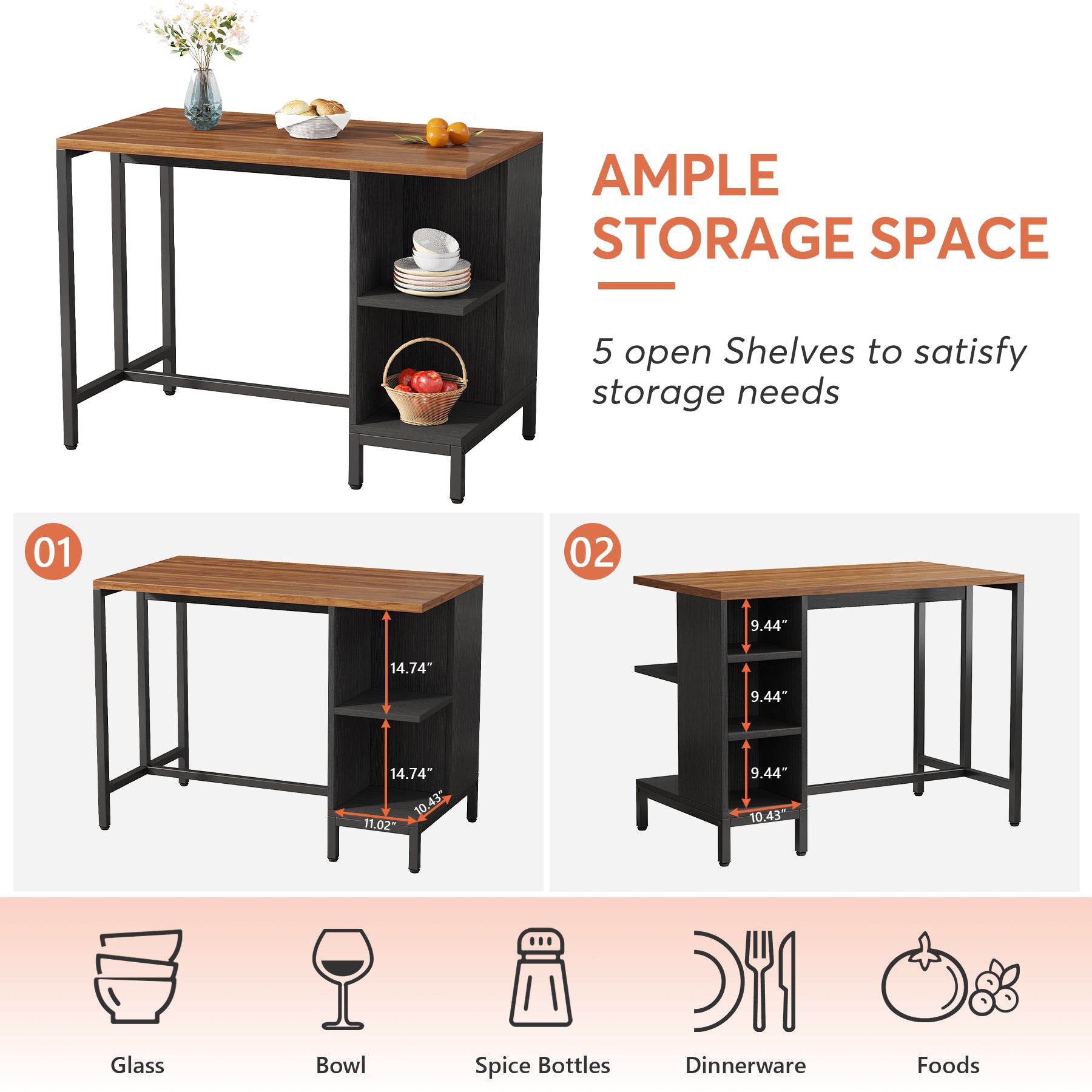 Industrial Kitchen Island, Shelf Bar Table with 5 Open Storage Shelves and Spacious Worktop