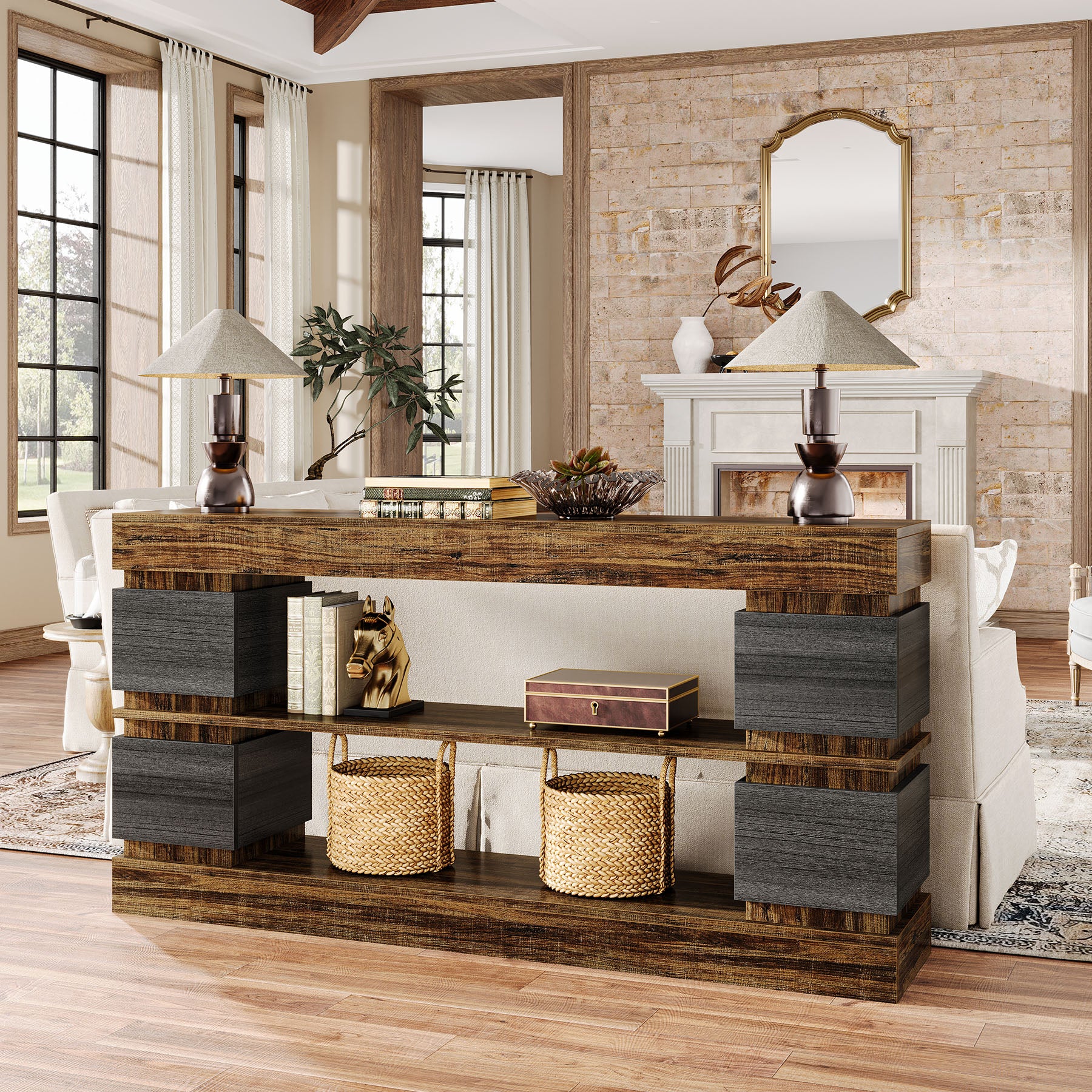 160cm Farmhouse 3-Tier Console Table with 4 Storage Compartments, Long Wooden Entryway & Sofa Table