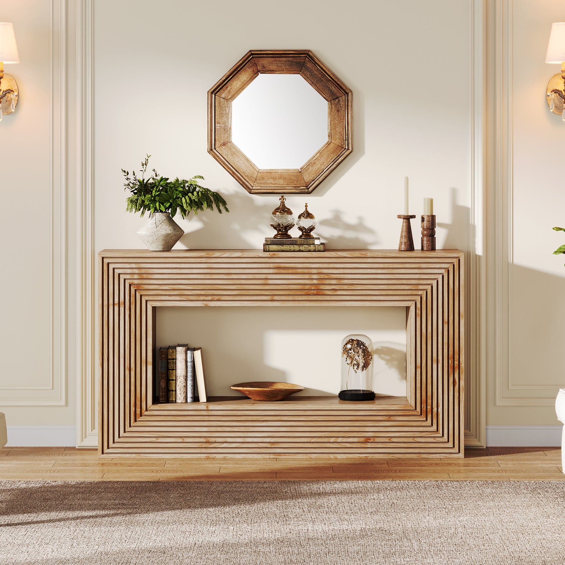 150cm Fluted Farmhouse Console Table with Storage Shelf, Rectangular Wood Sofa Table