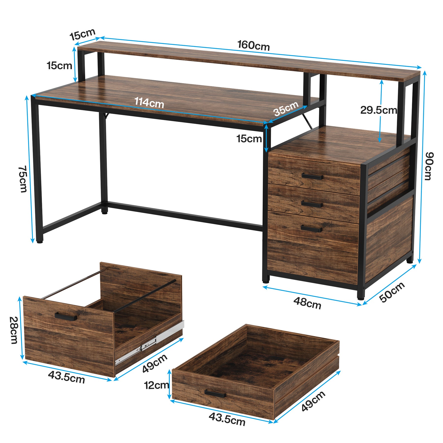 160 CM Computer Desk, Office Desk with Monitor Stand and File Drawer Cabinet