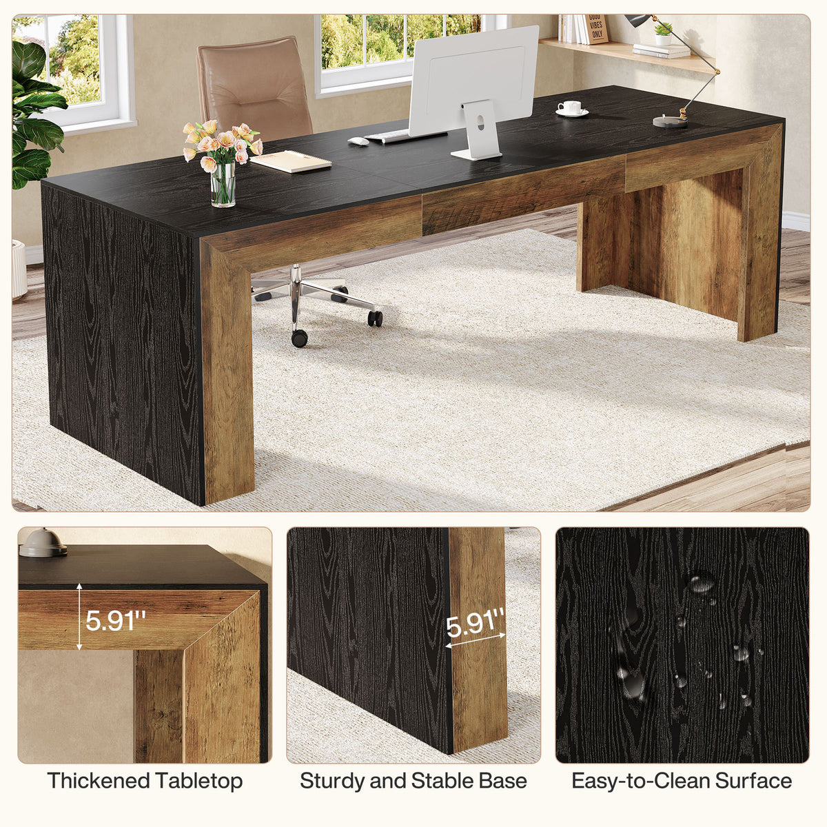 200 cm Office Desk, Rustic Brown and Black Computer Desk