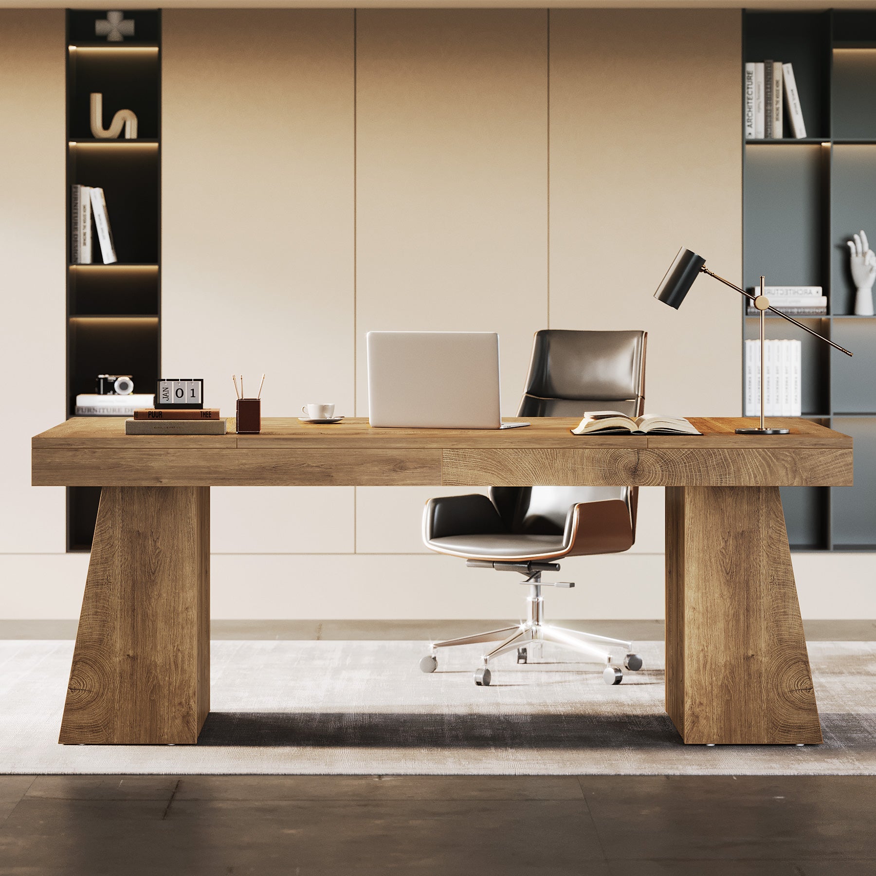 140cm Modern Executive Desk with Double Trapezoid Base, Heavy-Duty Computer Desk for Home Office