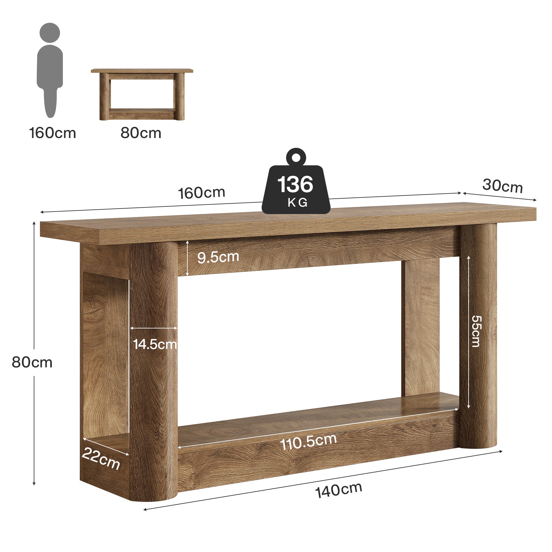 160cm Farmhouse Console Table, Narrow 2-Tier Sofa Table for Entryway & Living Room