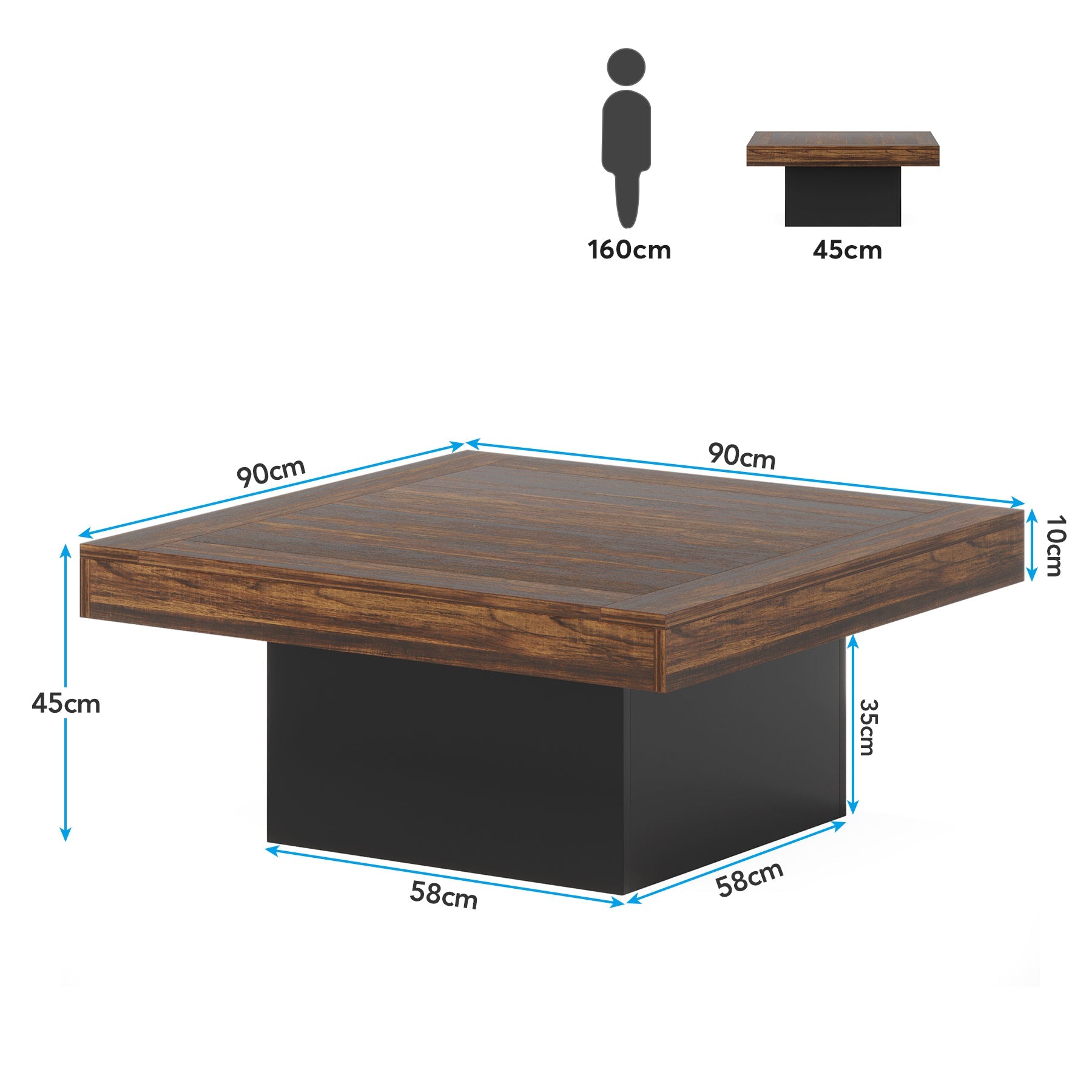 Square Coffee Table, Farmhouse Wood Cocktail Table with LED Light