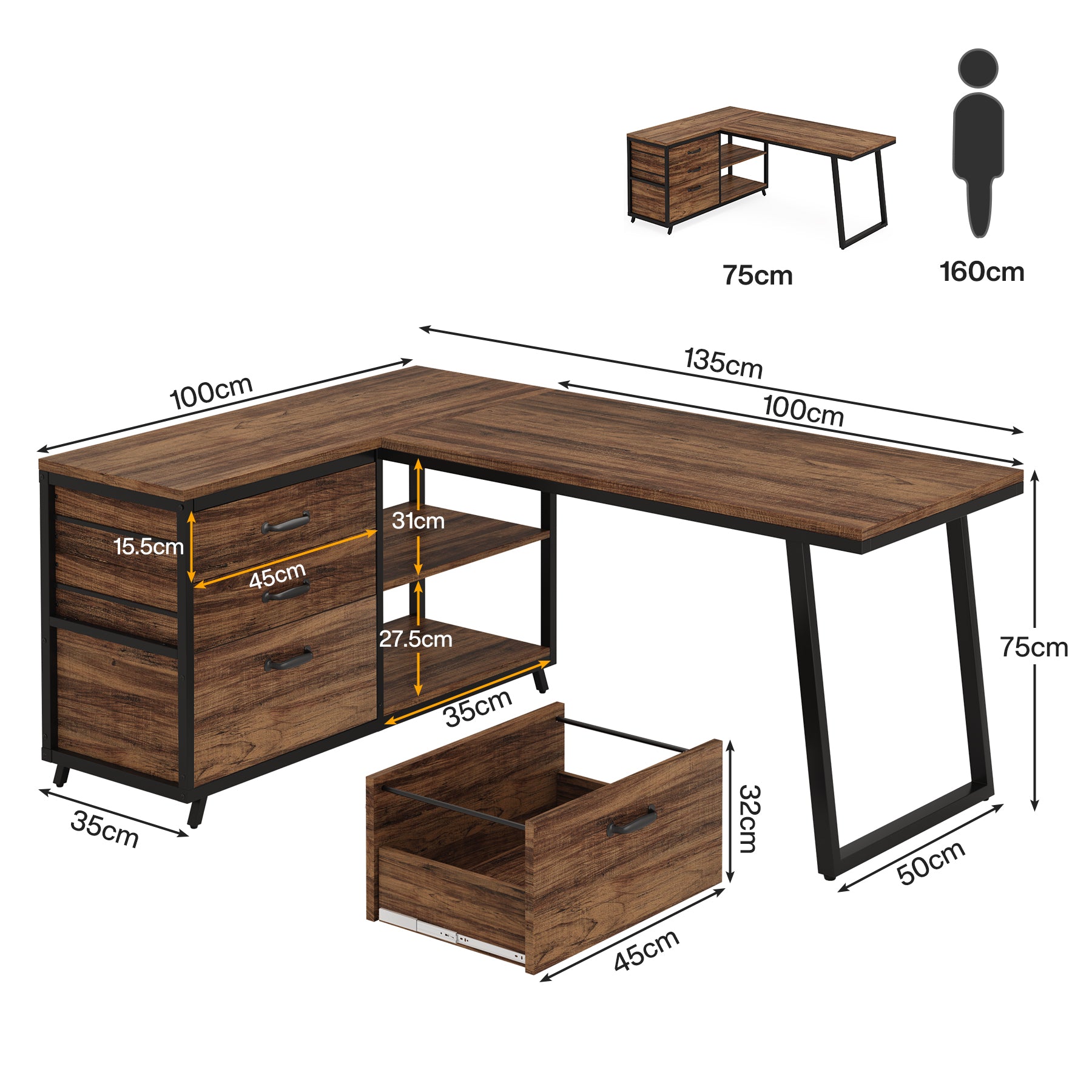53" Reversible L-Shaped Computer Desk With 3 Drawers & Shelves