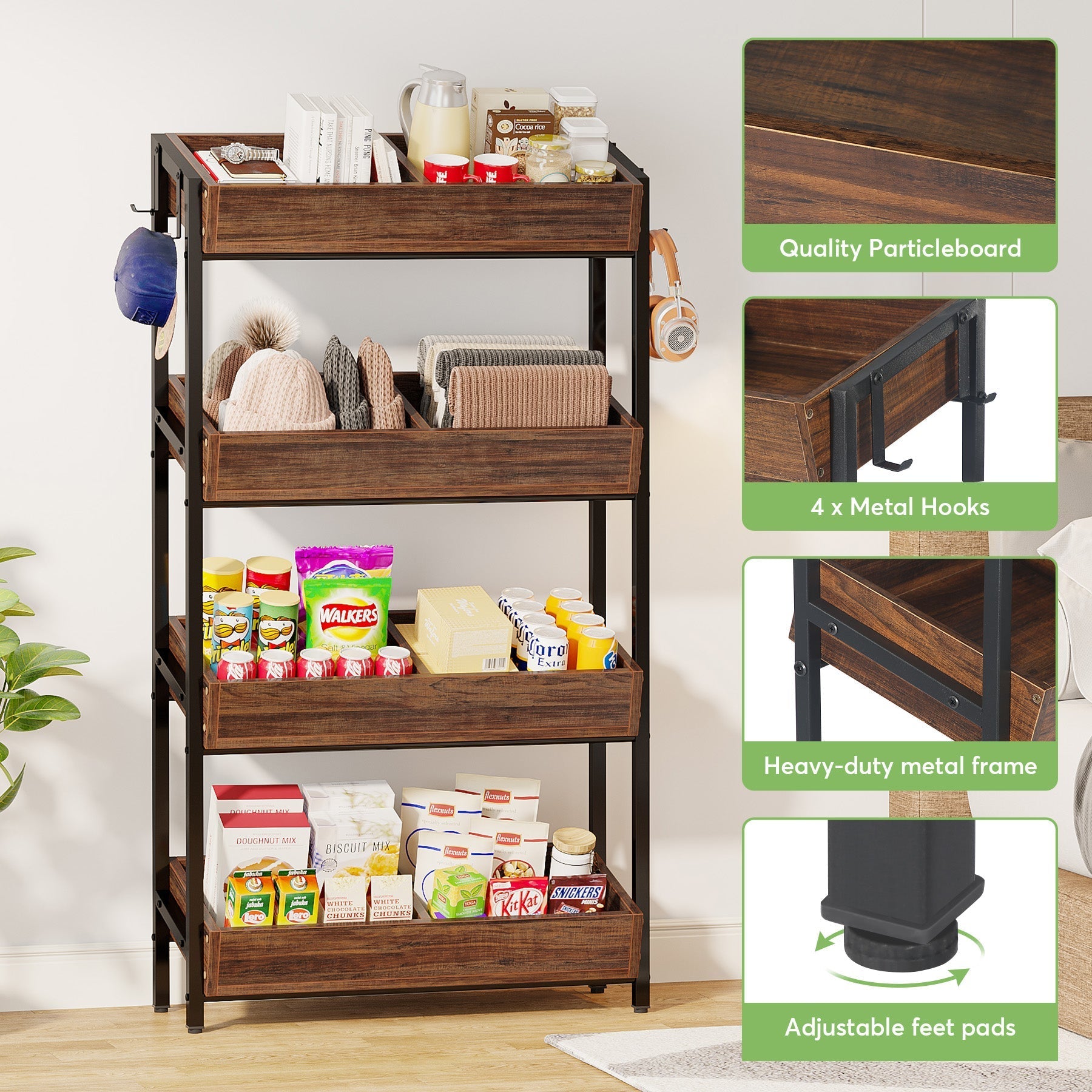 Wood Fruit Vegetable Storage Rack Stand, 4-Tier Storage Organizer Tribesigns