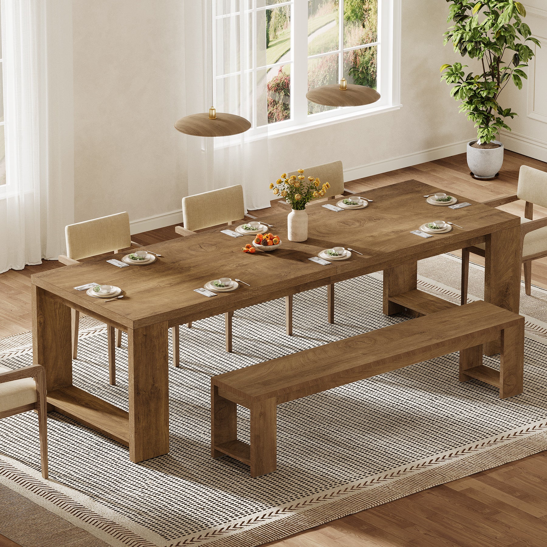 220cm Farmhouse Dining Table for 6–8 People, Rectangular Kitchen Table with Solid Wood Pedestal Base