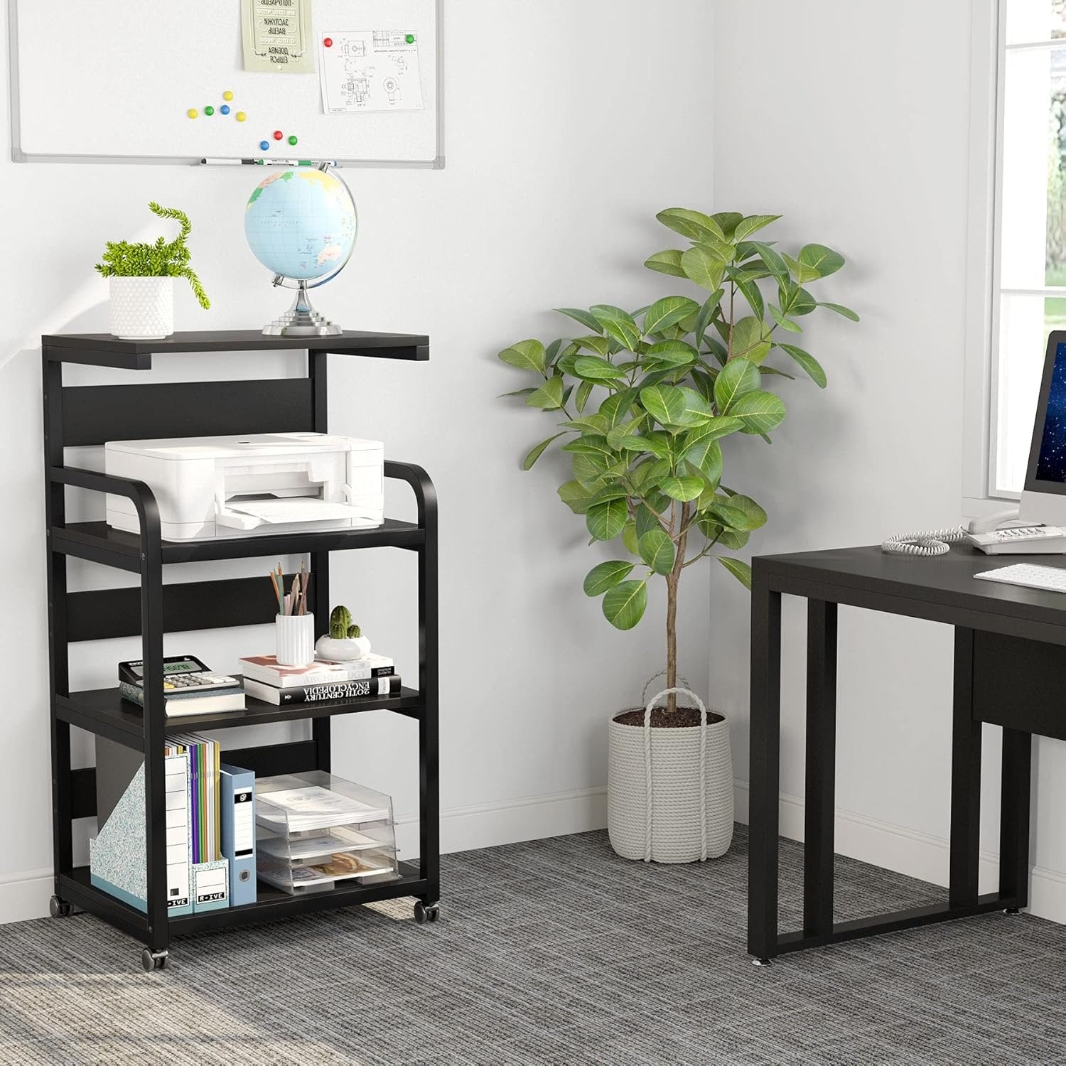 4-Tier Large Printer Stand with Storage Shelves, Mobile Storage Cart with Wheels