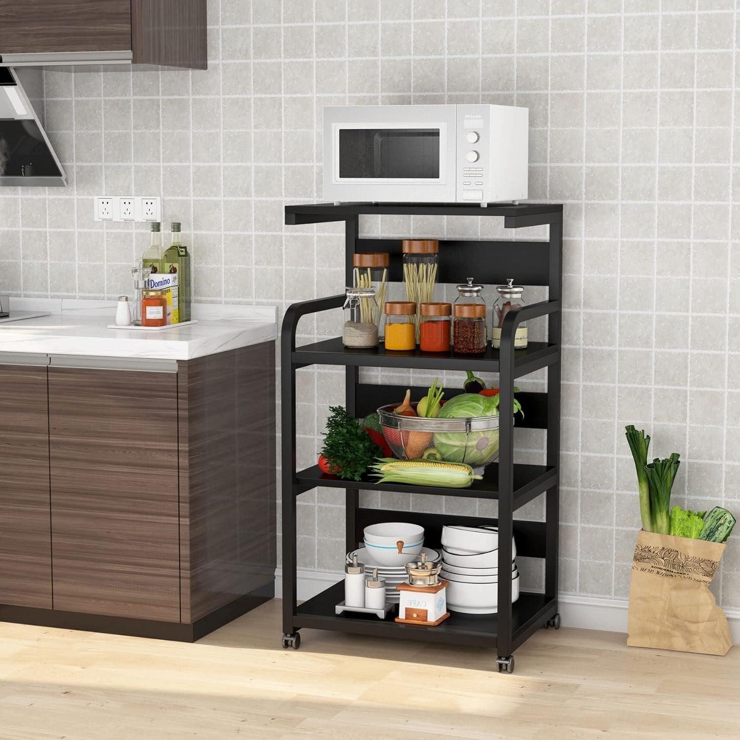 4-Tier Large Printer Stand with Storage Shelves, Mobile Storage Cart with Wheels