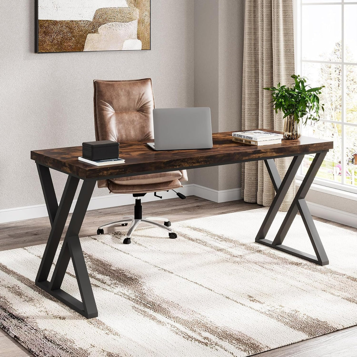 140 cm Computer Desk, Modern Z-Shaped Metal Leg Writing Desk