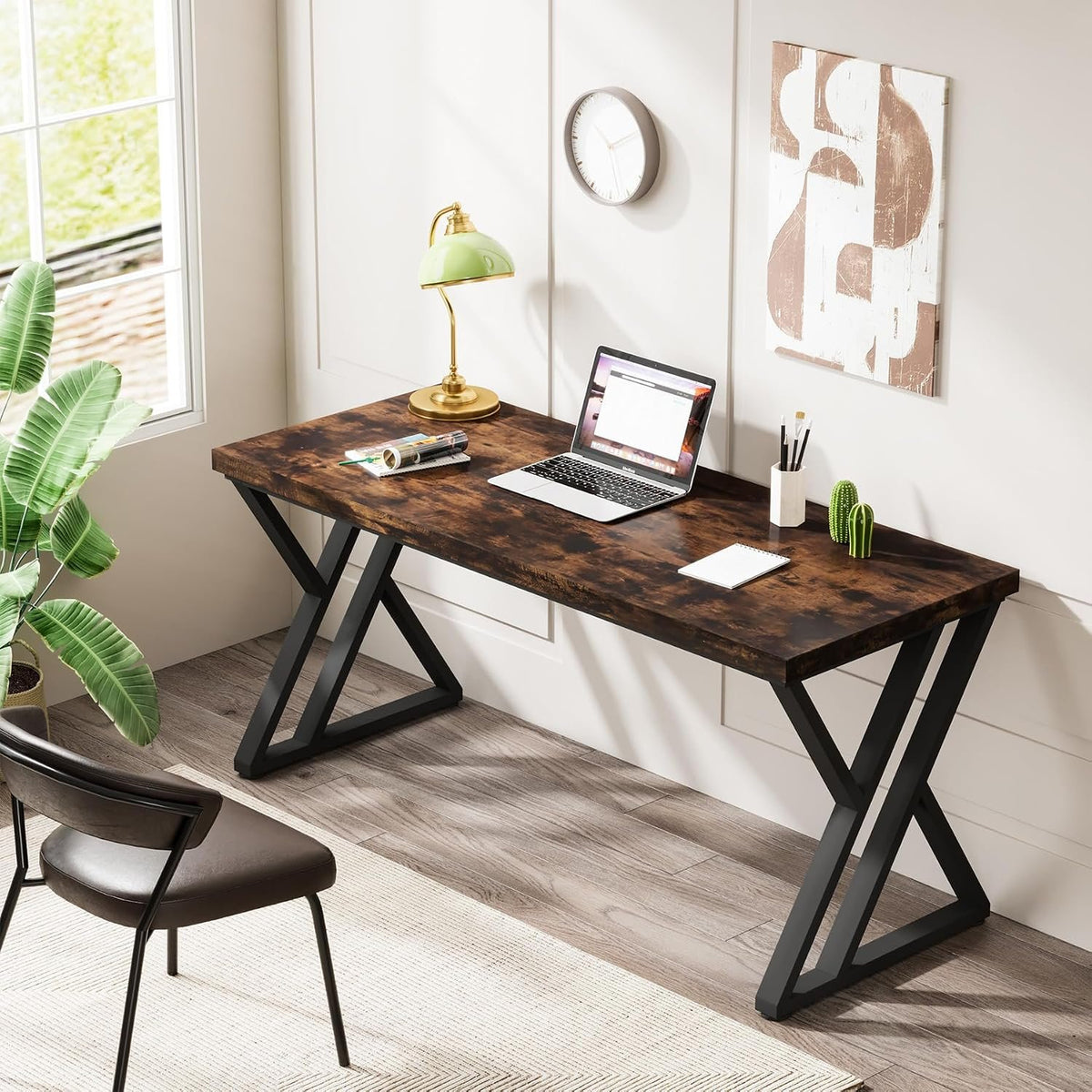 140 cm Computer Desk, Modern Z-Shaped Metal Leg Writing Desk