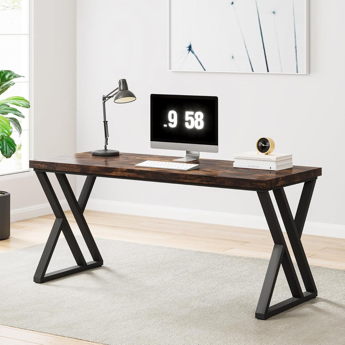 140 cm Computer Desk, Modern Z-Shaped Metal Leg Writing Desk