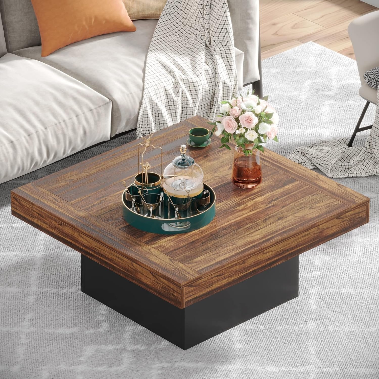 90cm Square Coffee Table with LED Lighting, Engineered Wood Low Centre Table