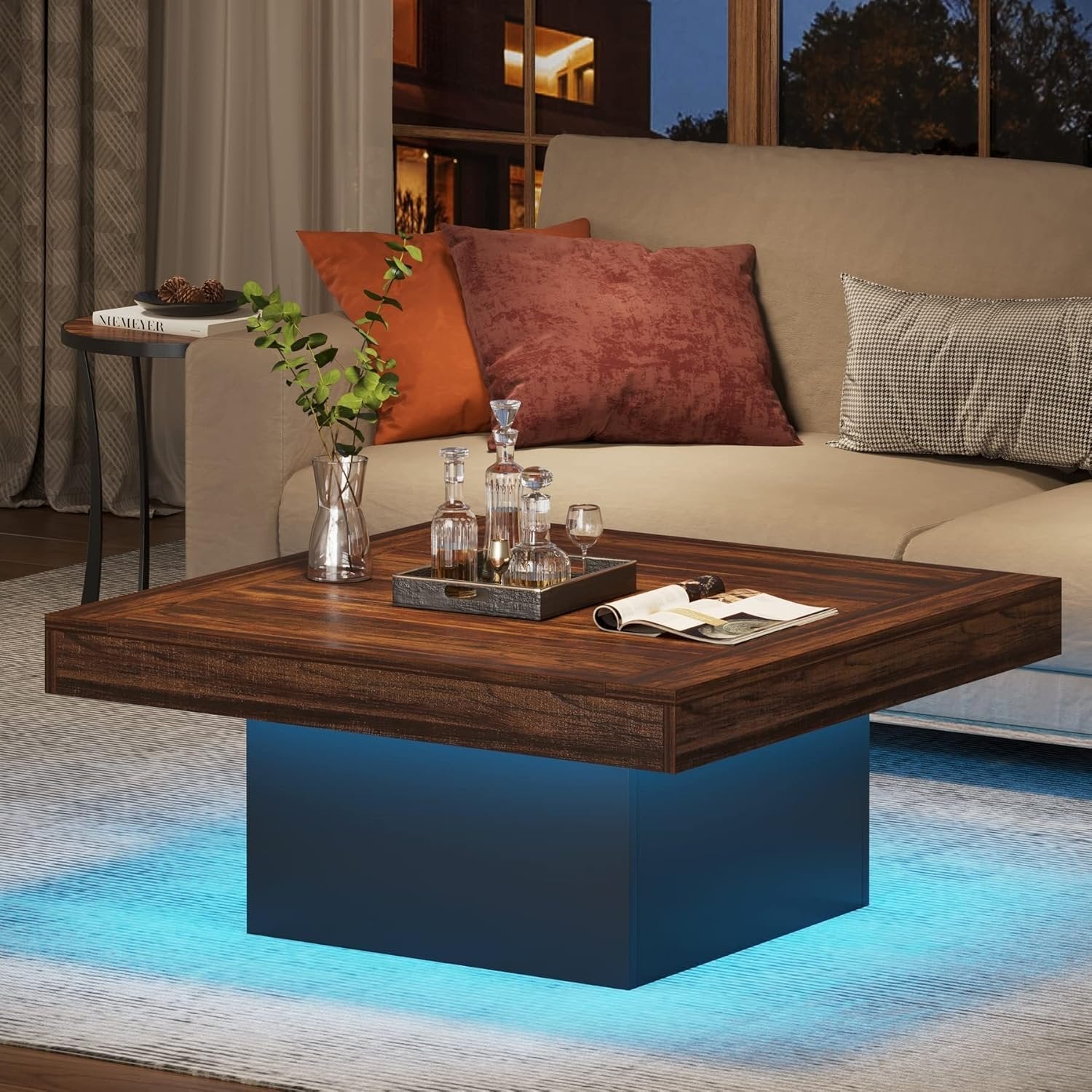 90cm Square Coffee Table with LED Lighting, Engineered Wood Low Centre Table