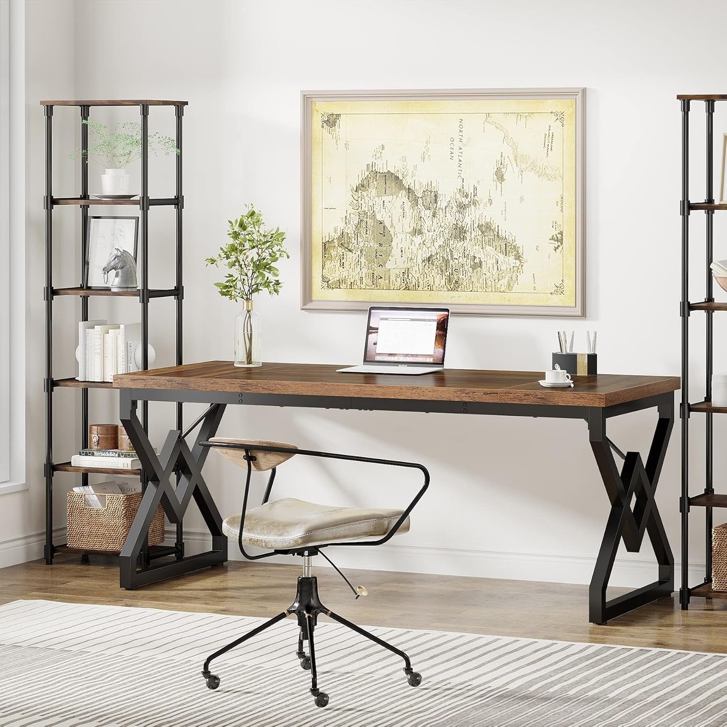 160cm Large Computer Desk with Thick Wooden Top and Metal Frame, Modern Computer & Study Desk for Home Office