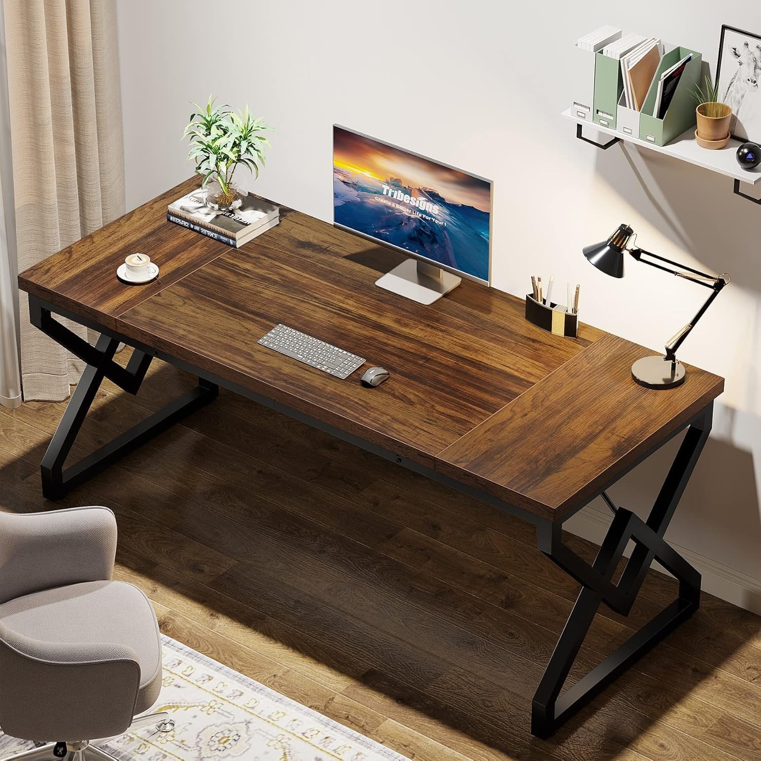 160cm Large Computer Desk with Thick Wooden Top and Metal Frame, Modern Computer & Study Desk for Home Office