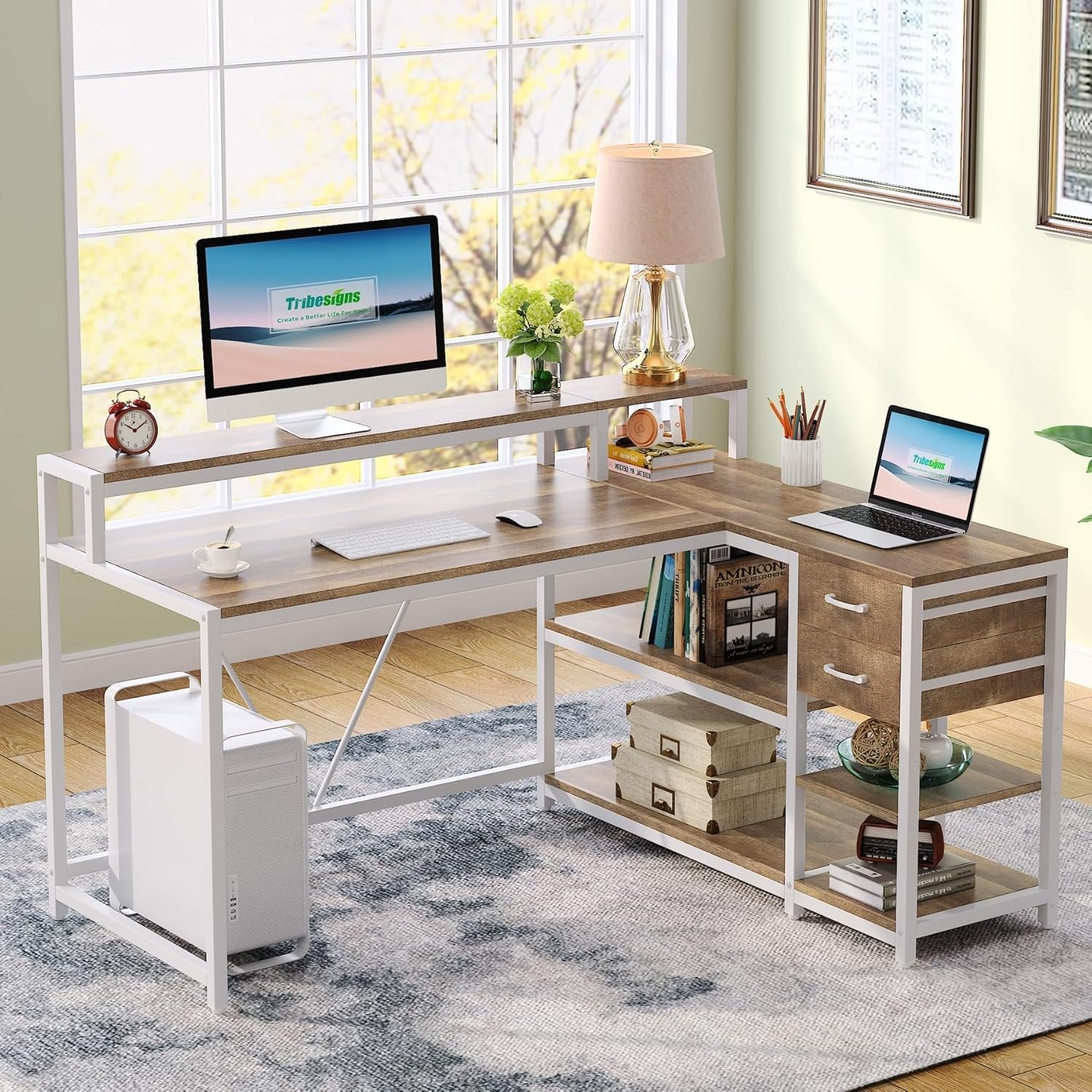 Reversible L-Shaped Desk, Industrial Corner Desk with Drawer & Shelves
