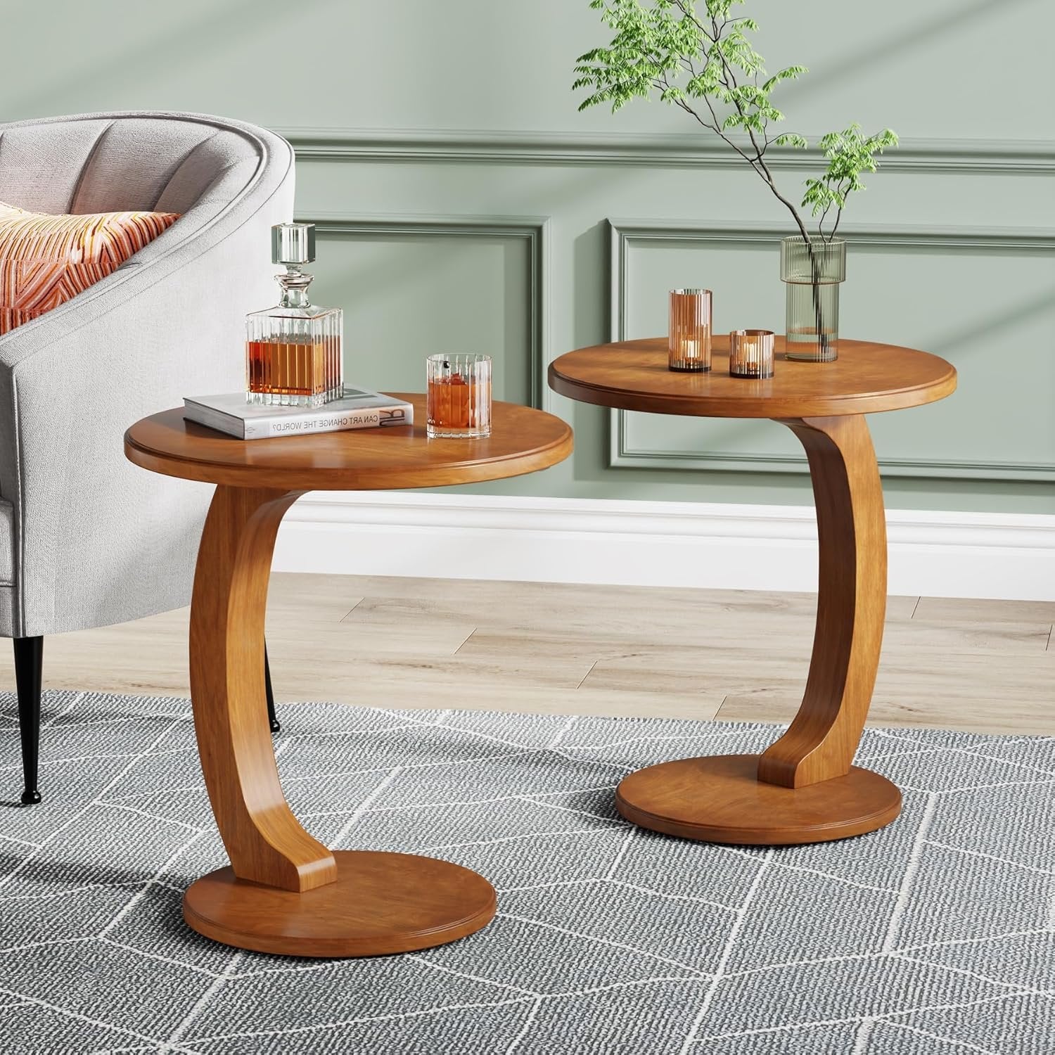 C-Shaped End Table, Round Solid Wood Side Table for Living Room