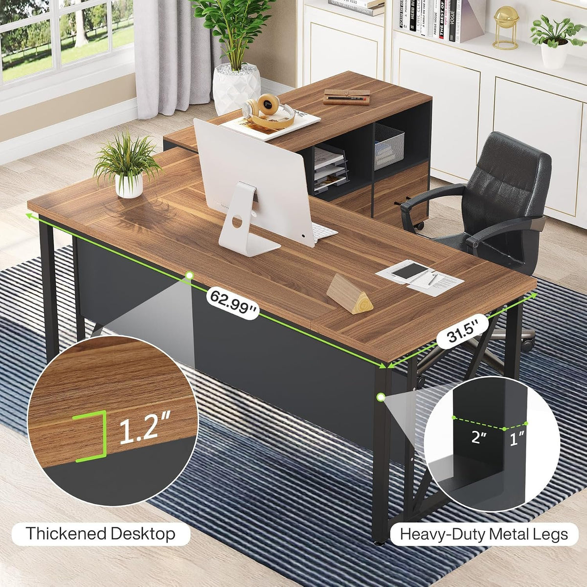 160 cm Computer Desk with Storage Shelf, Rustic Brown Office Desk