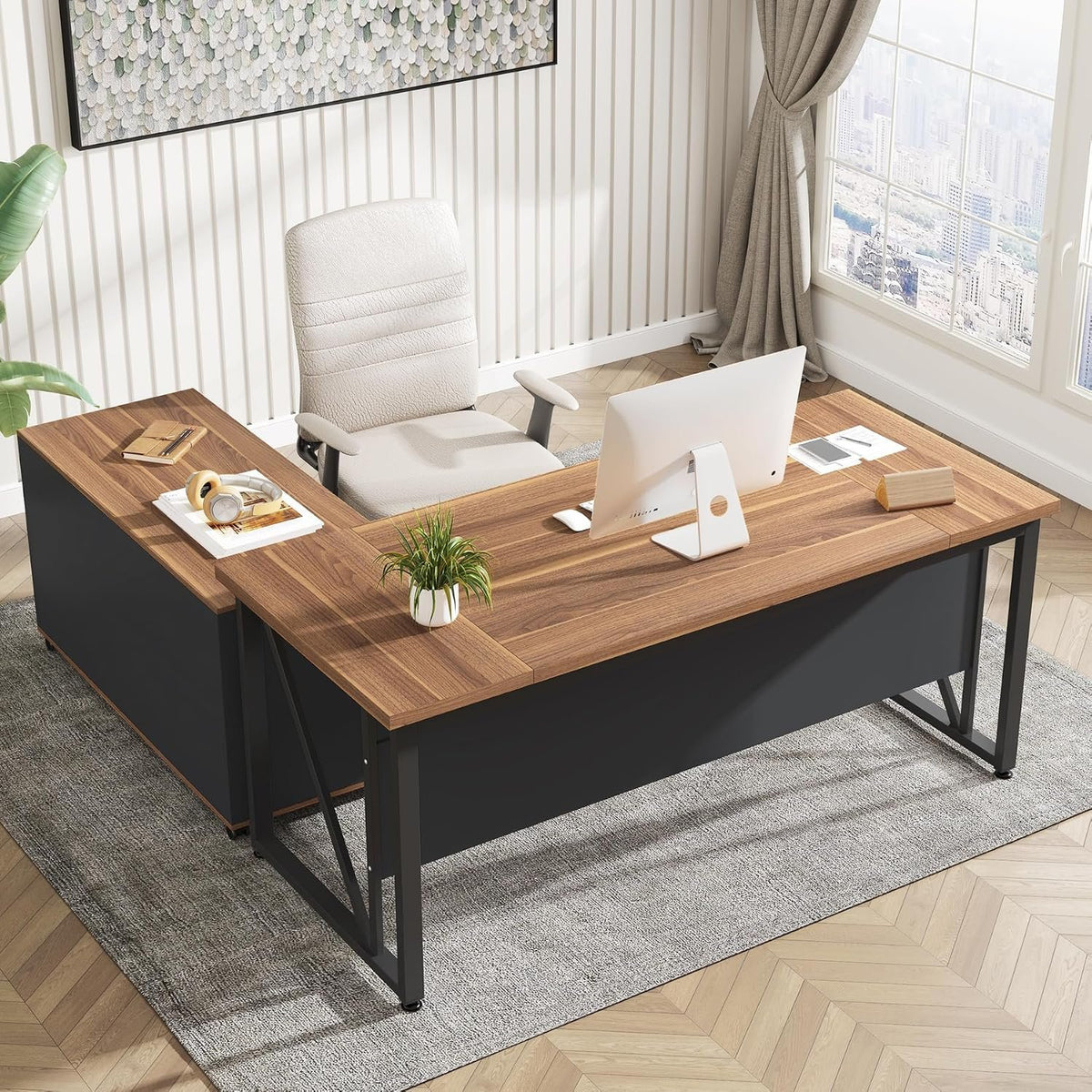 160 cm Computer Desk with Storage Shelf, Rustic Brown Office Desk