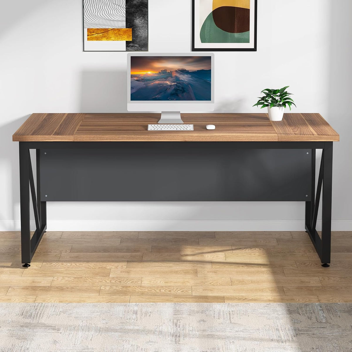 160 cm Computer Desk with Storage Shelf, Rustic Brown Office Desk