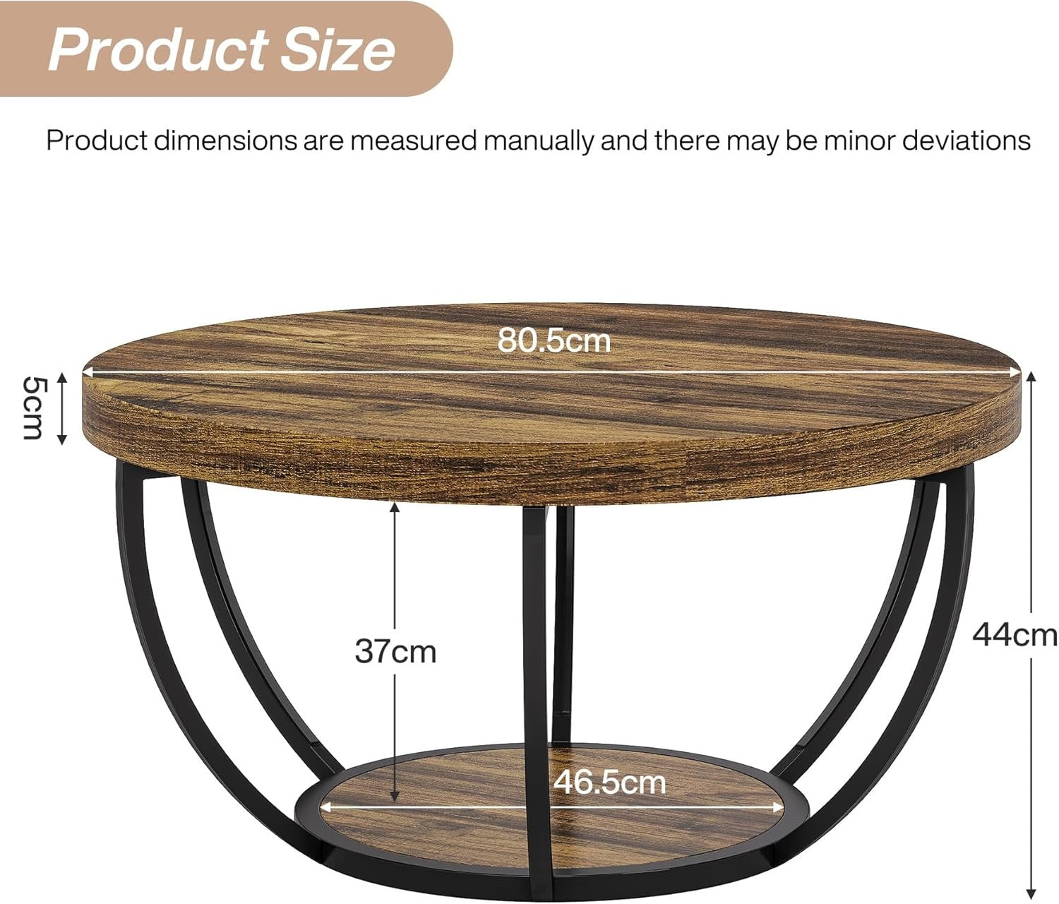 Round Wooden Coffee Table with 2-Tier Shelves