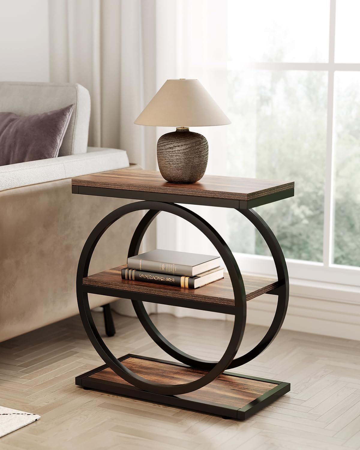 3-Tier Side Table, Industrial Sofa Side Table with Round Metal Frame