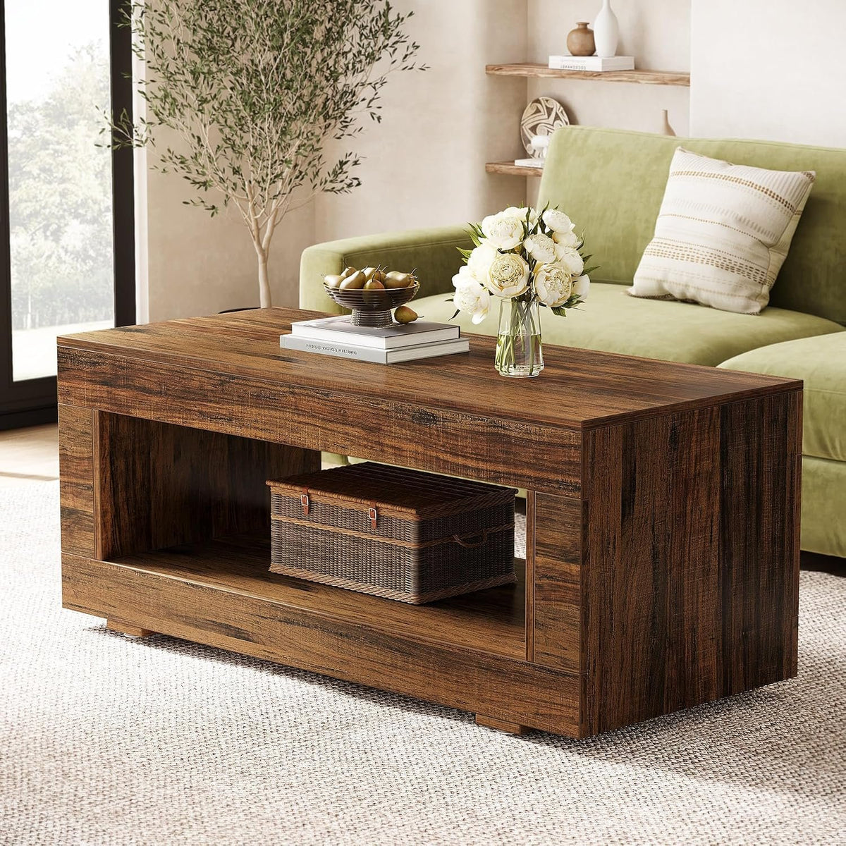 110 cm Rectangular Coffee Table with Shelf, Brown Living Room Table