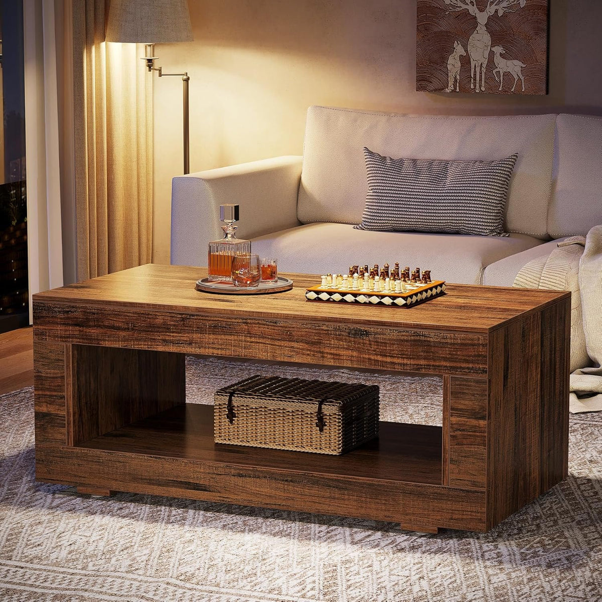 110 cm Rectangular Coffee Table with Shelf, Brown Living Room Table
