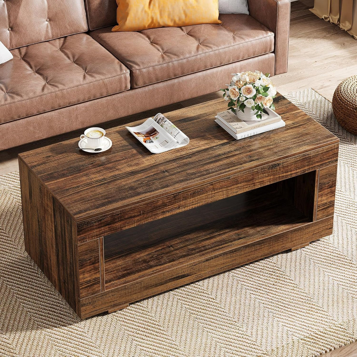 110 cm Rectangular Coffee Table with Shelf, Brown Living Room Table