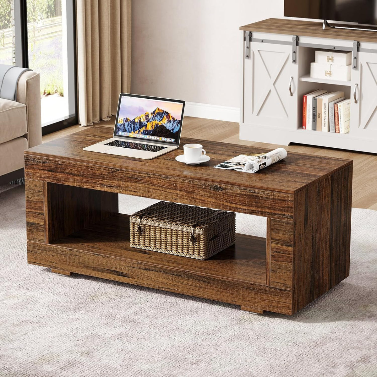 110 cm Rectangular Coffee Table with Shelf, Brown Living Room Table