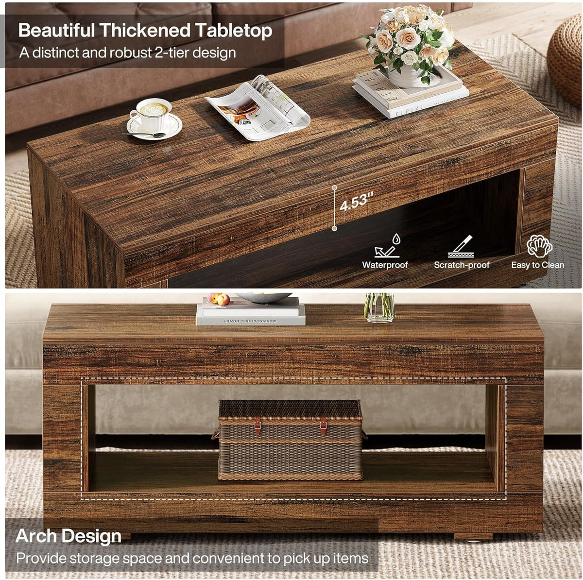 110 cm Rectangular Coffee Table with Shelf, Brown Living Room Table