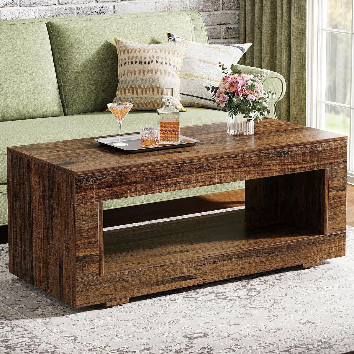 110 cm Rectangular Coffee Table with Shelf, Brown Living Room Table