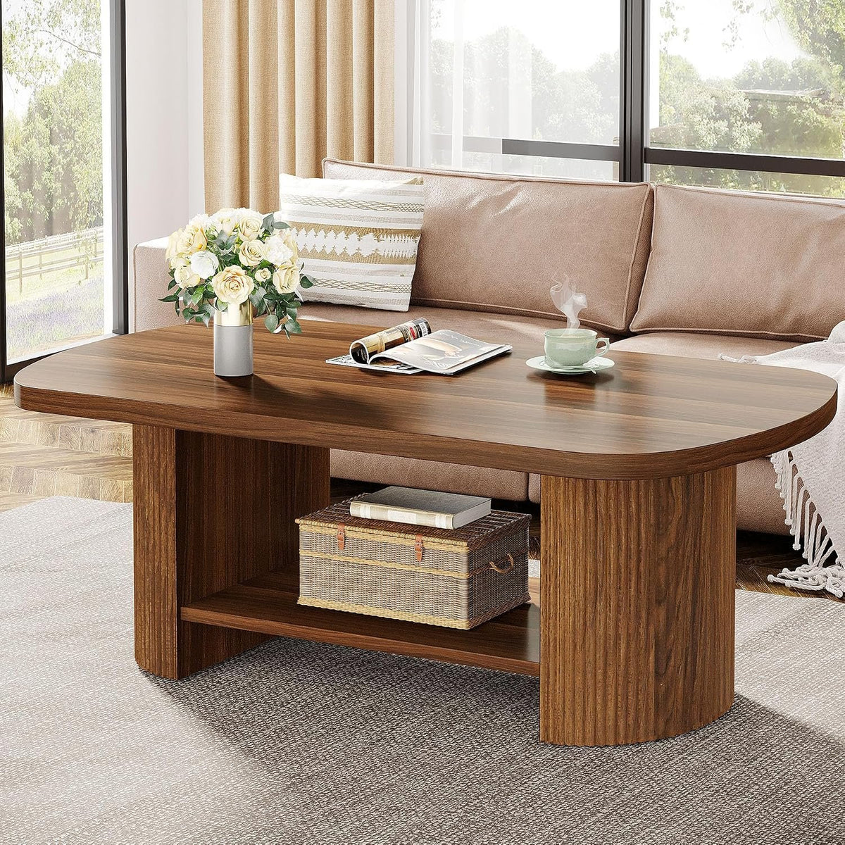 115 cm Oval Coffee Table with 2-Tier Storage, Fluted Base