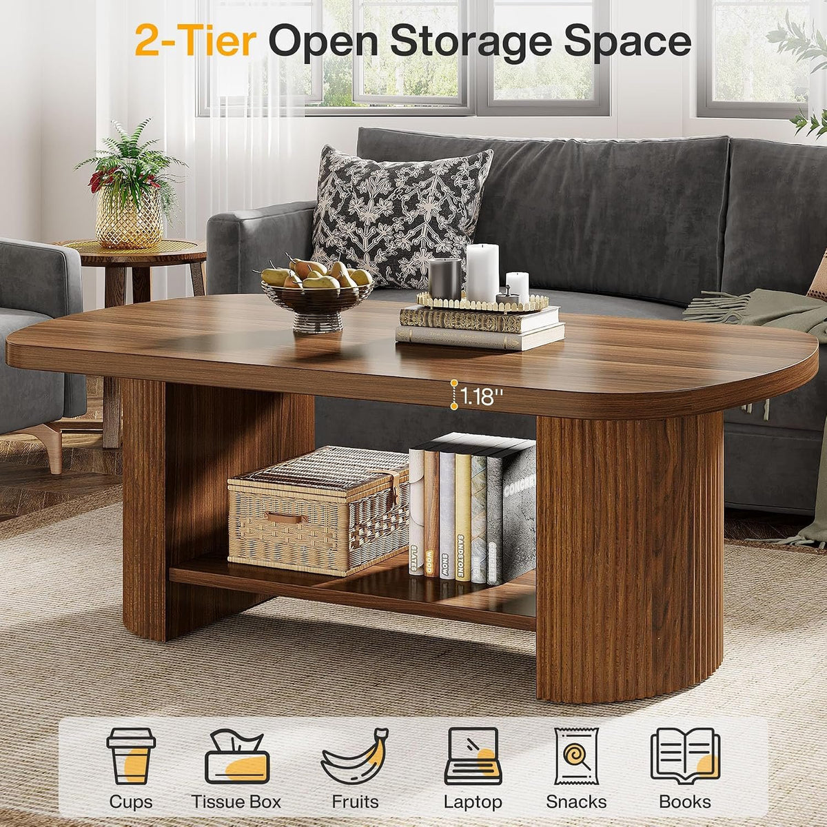 115 cm Oval Coffee Table with 2-Tier Storage, Fluted Base