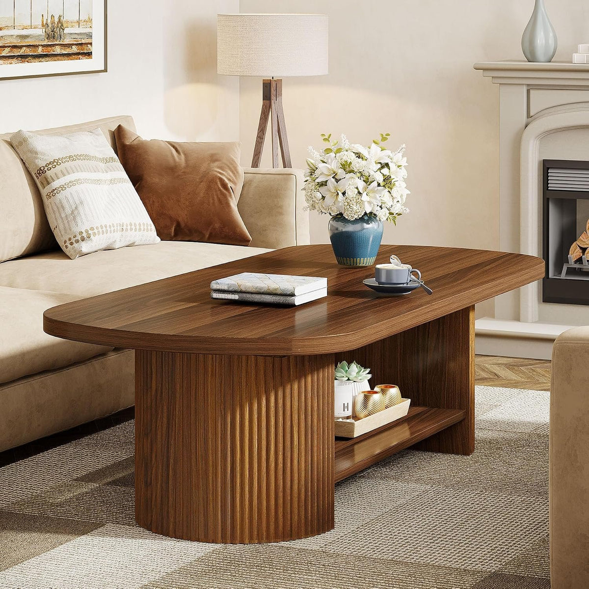 115 cm Oval Coffee Table with 2-Tier Storage, Fluted Base