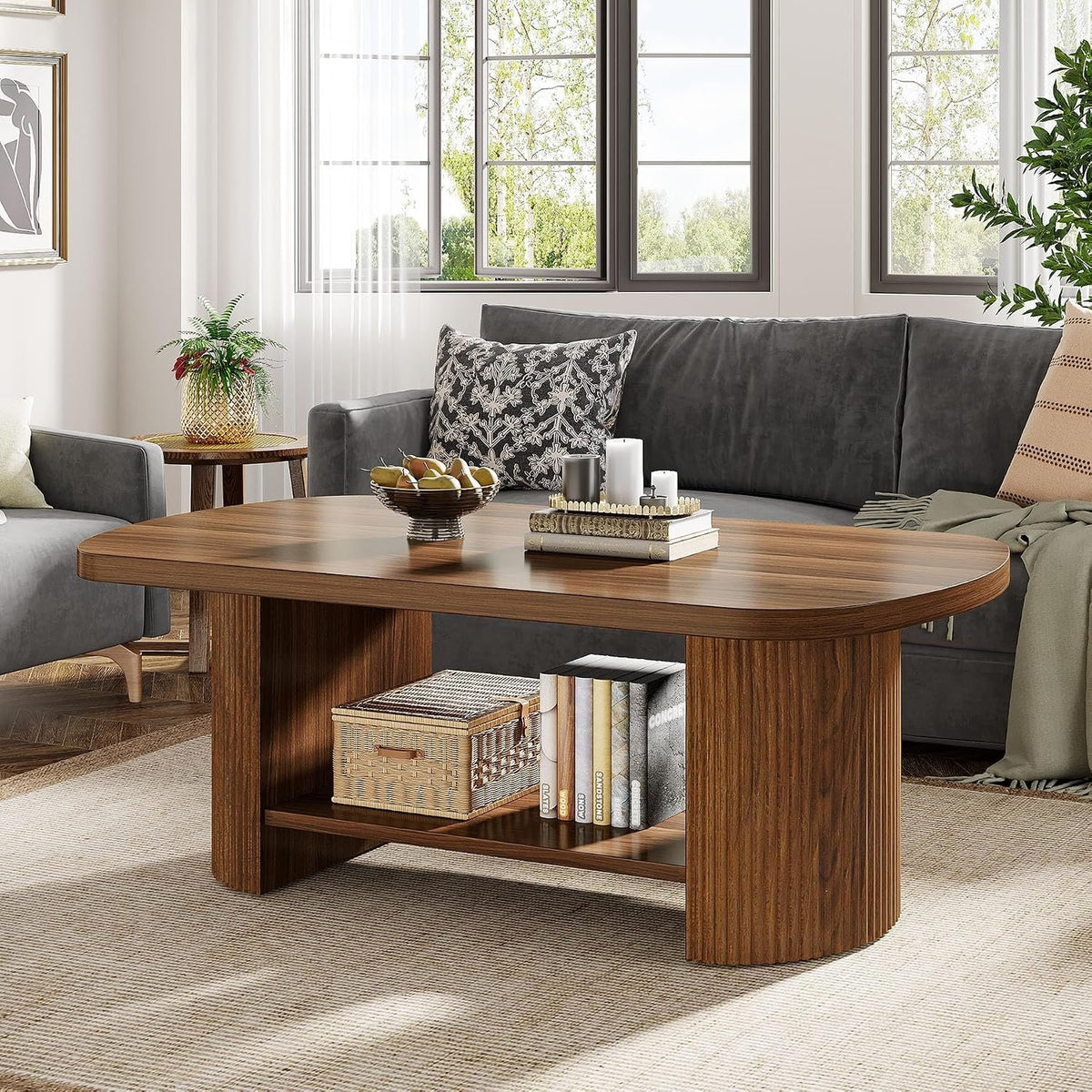 115 cm Oval Coffee Table with 2-Tier Storage, Fluted Base