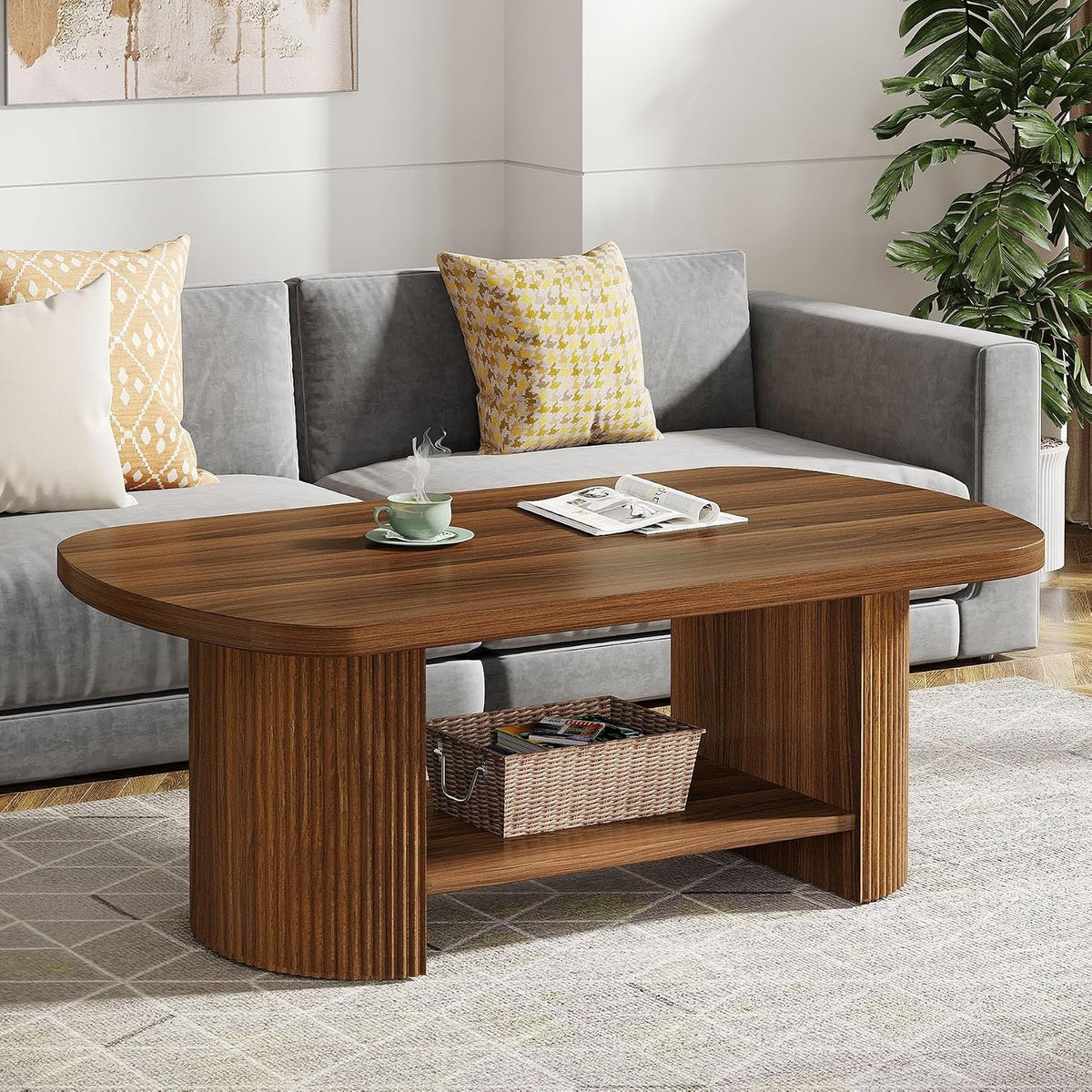 115 cm Oval Coffee Table with 2-Tier Storage, Fluted Base