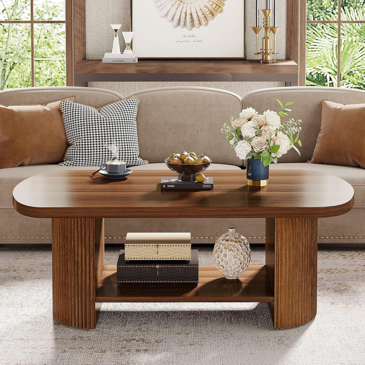 115 cm Oval Coffee Table with 2-Tier Storage, Fluted Base