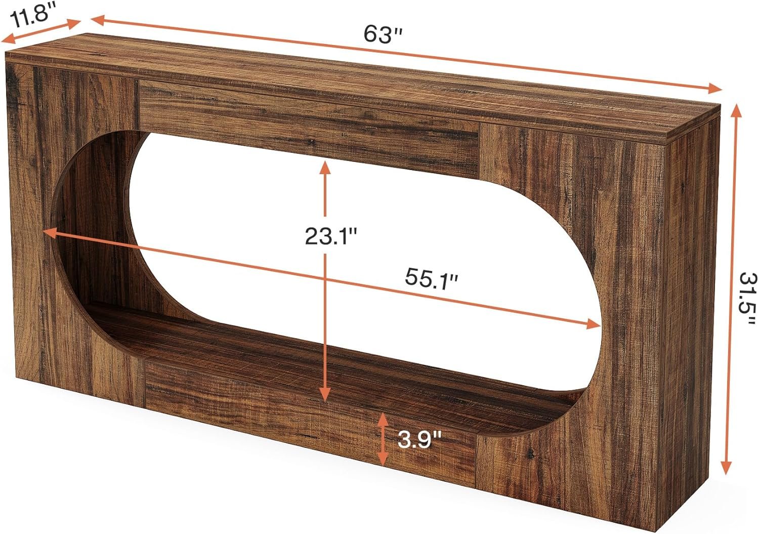 63" Console Table, Wood Sofa Table Behind Couch with 2-Tier Storage Shelf